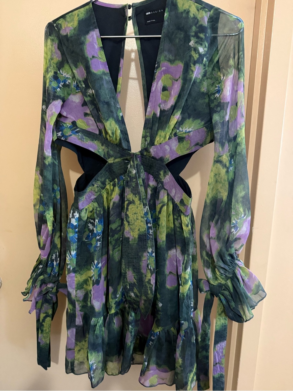 ASOS Green and Purple Floral Cutout Long Sleeve Dress